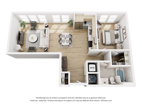 Floor plan for 1 bed, 1 bath, 843 sqft